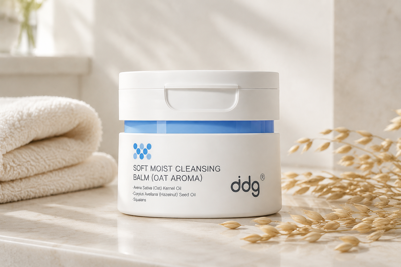 ddg Makeup Remover Cleansing Balm on a warm white vanity with oat sprigs