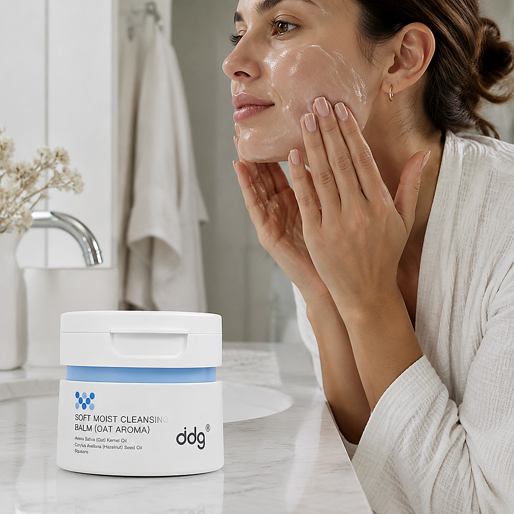 Woman using ddg Makeup Remover Cleansing Balm at a bathroom sink