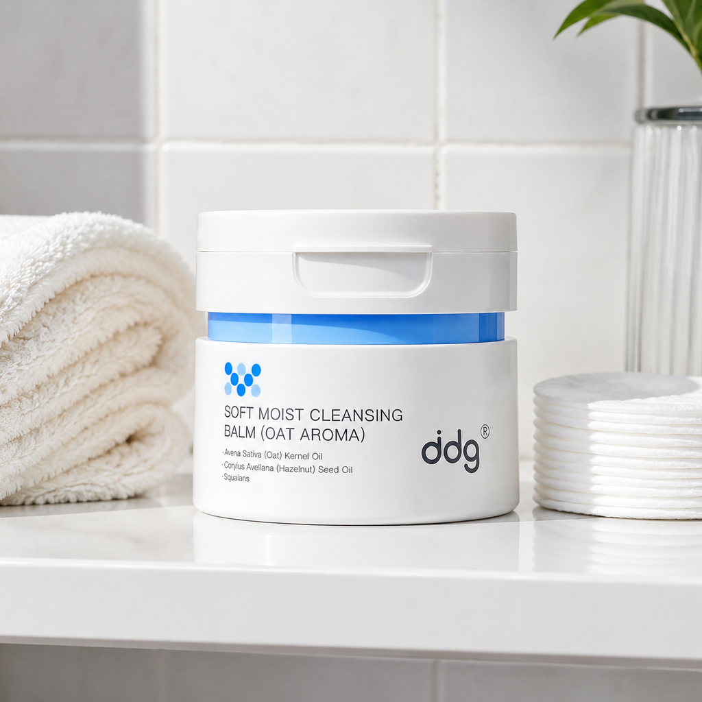 ddg Cleansing Balm jar on a bright bathroom shelf with a folded towel and cotton pads