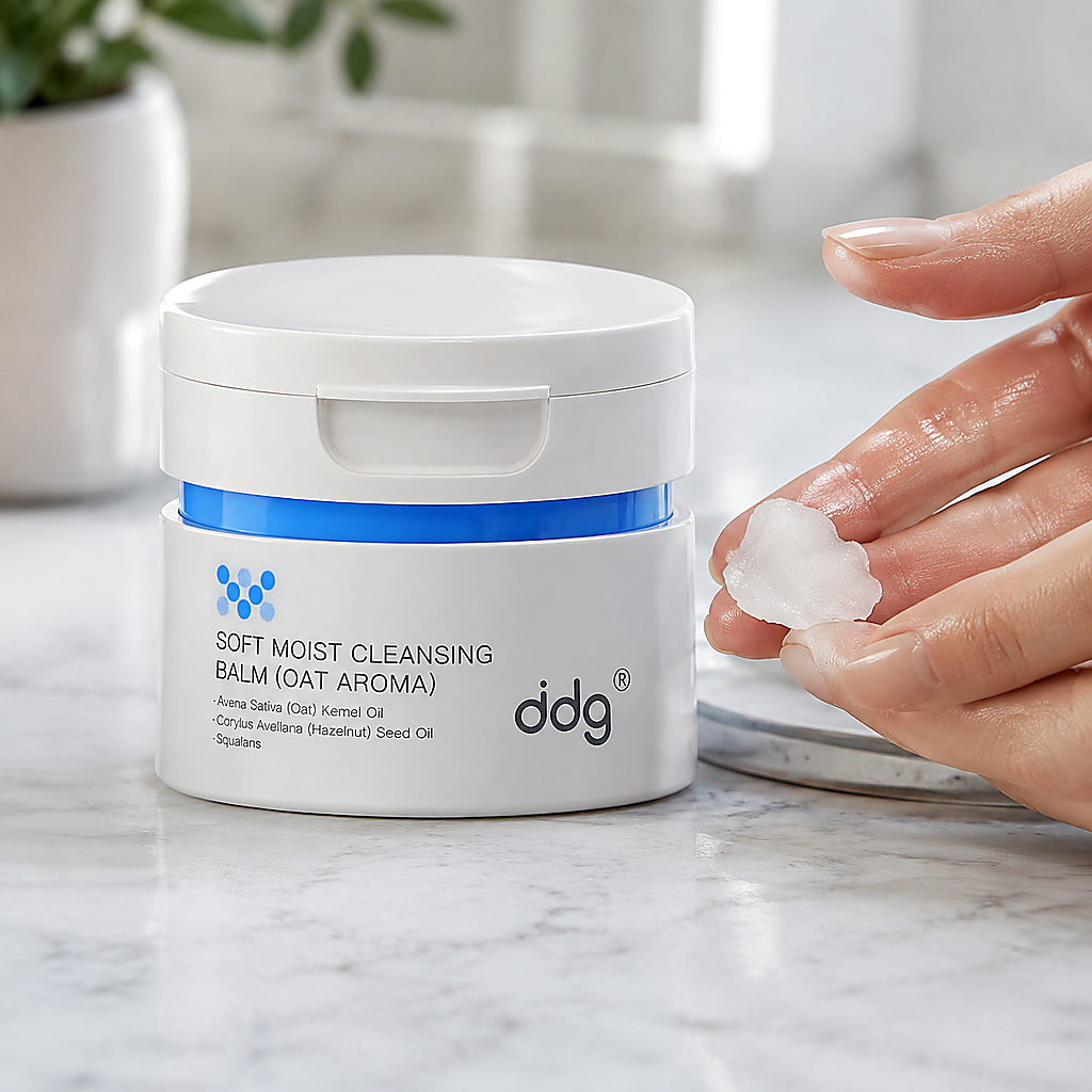 ddg Cleansing Balm jar with balm warmed between fingertips in soft daylight