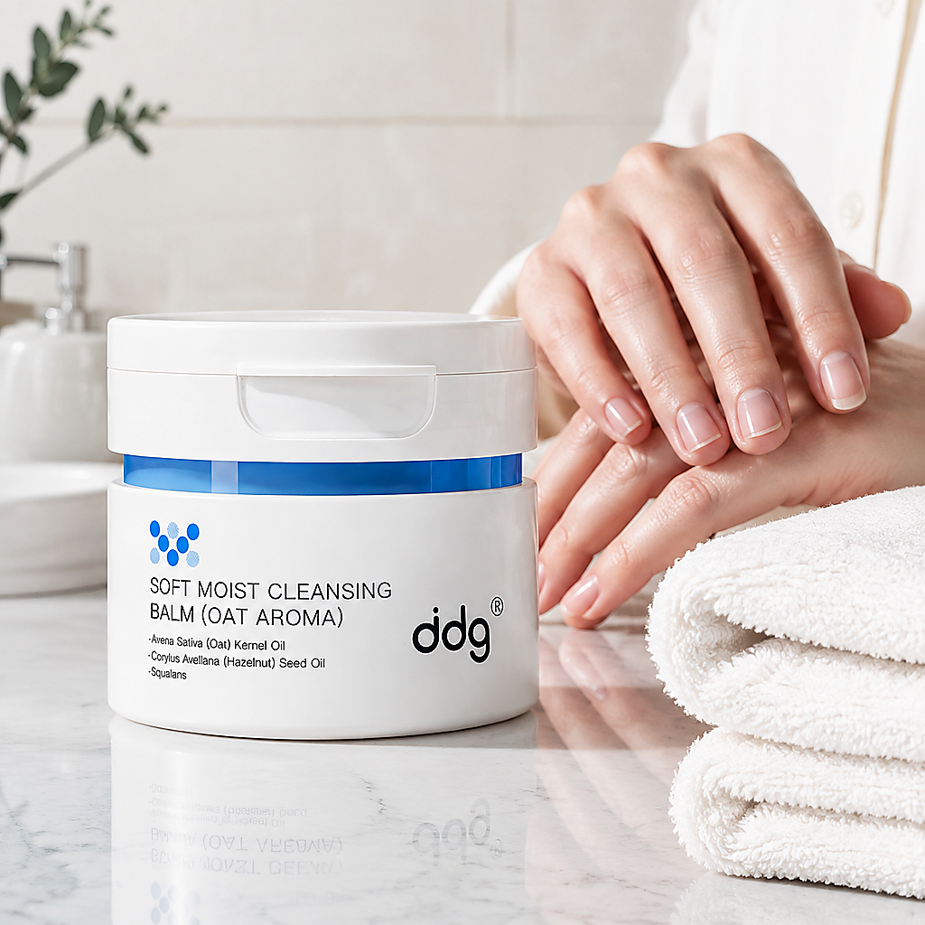 ddg Cleansing Balm jar beside clean dry hands and a folded towel before application