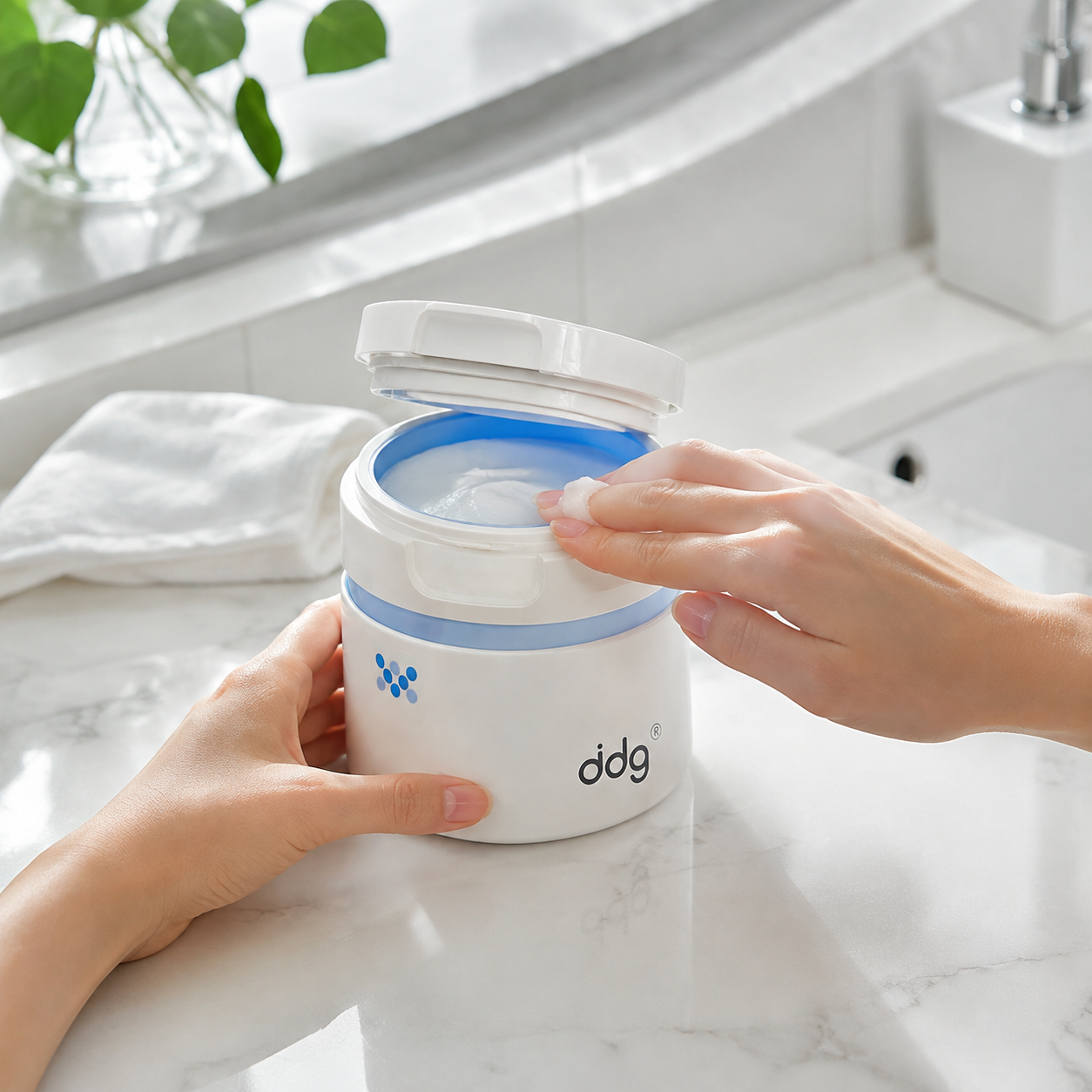 ddg Cleansing Balm jar with hands gently applying balm in a bright bathroom